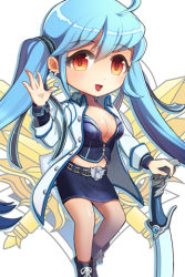 Rule 34 | 1girl, ahoge, arm up, belt, blue hair, breasts, bustier, chibi, cleavage, earrings, gilse, holding, jacket, jewelry, leg up, long hair, lowres, luthica preventer, midriff, open mouth, red eyes, ribbon, shiny skin, skirt, smile, solo, sword, sword girls, waving, weapon