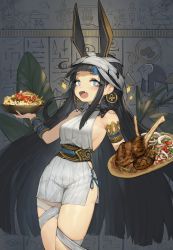 Rule 34 | 1girl, :o, absurdres, animal ears, anubis (mythology), armlet, bandages, bare shoulders, black hair, blue eyes, blush, bracelet, breasts, chicken (food), dress, earrings, egyptian, egyptian art, egyptian clothes, extra ears, fang, food, grey dress, hieroglyphics, highres, holding, holding plate, jackal ears, jackal girl, jewelry, large breasts, long hair, looking at viewer, medium breasts, multicolored hair, neck ring, open mouth, original, plate, romana, side slit, sideboob, sidelocks, sleeveless, sleeveless dress, smile, solo, sparkle, thighs, two-tone hair, very long hair