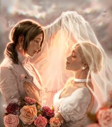 Rule 34 | 2girls, blonde hair, bouquet, breasts, bridal veil, brown eyes, brown hair, krista lenz, cleavage, closed eyes, closed mouth, dress, eyebrow cut, female focus, flower, hair over shoulder, highres, jewelry, looking at another, medium breasts, multiple girls, overcast, ponytail, purrsuit, ring, shingeki no kyojin, sky, tears, veil, wedding dress, wedding ring, wife and wife, ymir (shingeki no kyojin), yuri
