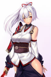Rule 34 | 1girl, arms behind back, bare shoulders, breasts, closed mouth, detached sleeves, fate/grand order, fate (series), gradient background, hair between eyes, hair ribbon, highres, hip vent, holding, holding sword, holding weapon, japanese clothes, katana, large breasts, long hair, long sleeves, ponytail, red eyes, red ribbon, ribbon, solo, sword, takanashi-a, tomoe (symbol), tomoe gozen (fate), turtleneck, weapon, white hair