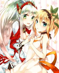 Rule 34 | 10s, 2girls, bare shoulders, blue eyes, blush, breasts, choker, cleavage, dress, edna (tales), green eyes, hair ornament, hairband, jewelry, lailah (tales), long hair, multicolored hair, multiple girls, open mouth, orange hair, ponytail, ribbon, short hair, side ponytail, silver hair, striped, striped background, tales of (series), tales of zestiria