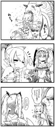 Rule 34 | ..., 2girls, 4koma, armor, boots, carrying, comic, dress, greyscale, helmet, highres, meowstress, monochrome, monster, monster hunter (series), monster hunter x, moofah, mouth hold, multiple girls, pointy ears, ponytail, spoken ellipsis, translation request, twintails, yoshida hideyuki