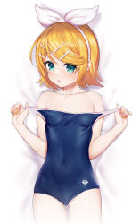 Rule 34 | 1girl, aqua eyes, blonde hair, blue one-piece swimsuit, breasts, collarbone, covered navel, fingernails, hair ornament, hairband, hairclip, highres, kagamine rin, looking at viewer, lying, minutachi, nail polish, on back, one-piece swimsuit, parted lips, school swimsuit, short hair, small breasts, solo, swimsuit, vocaloid, white hairband, yellow nails