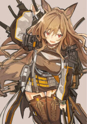 Rule 34 | 1girl, :d, animal ears, arknights, arm up, belt, belt pouch, blush, boots, bracelet, breasts, brown dress, brown footwear, brown hair, ceobe (arknights), cross-laced footwear, dog ears, dog tail, dress, feet out of frame, highres, infection monitor (arknights), jewelry, large breasts, leaning forward, long hair, long sleeves, looking at viewer, open mouth, pouch, red eyes, shiduki eku, smile, solo, standing, tail, thigh boots, thigh gap, very long hair, weapon, weapon on back