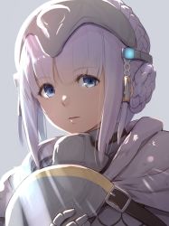 Rule 34 | 1girl, armor, blue eyes, braid, breastplate, capelet, french braid, gloves, headpiece, highres, kiikii (kitsukedokoro), laeticia (star ocean), looking at viewer, open mouth, short hair, simple background, solo, star ocean, star ocean the divine force, white hair