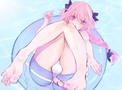 Rule 34 | 1boy, afloat, arm up, astolfo (fate), bad id, bad pixiv id, bare arms, bare legs, barefoot, bikini, bikini skirt, black bow, blush, bow, braid, bulge, chestnut mouth, commentary request, day, fate/apocrypha, fate/grand order, fate (series), feet, foot focus, frilled bikini, frills, from above, hair between eyes, hair bow, hair intakes, innertube, knees together feet apart, knees up, long hair, looking at viewer, lying, male focus, multicolored hair, on back, open mouth, outdoors, outstretched arm, outstretched hand, penis in swimsuit, pink hair, purple eyes, reaching, reaching towards viewer, see-through, shirai, single braid, solo, streaked hair, swim ring, swimsuit, testicles, toes, trap, two-tone hair, upskirt, water, white bikini, white hair