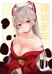 Rule 34 | 1girl, alternate costume, amamitsu kousuke, bad id, bad twitter id, blush, border, bow, breasts, cleavage, closed mouth, commentary, fujiwara no mokou, hair bow, half-closed eyes, happy new year, head tilt, highres, japanese clothes, kimono, large breasts, long hair, long sleeves, looking at viewer, new year, obi, outside border, red eyes, red kimono, sash, silver hair, smile, solo, touhou, translated, white bow, wide sleeves