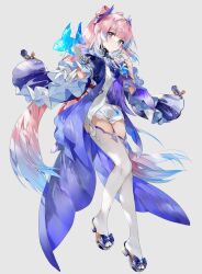 Rule 34 | 1girl, blue hair, blue horns, bow, bow-shaped hair, breasts, closed mouth, collar, colored tips, detached collar, fish, frilled collar, frilled sleeves, frills, full body, genshin impact, gloves, gradient background, gradient hair, half gloves, highres, horns, light smile, long hair, multicolored hair, pink eyes, pink hair, ponytail, purple eyes, sangonomiya kokomi, simple background, small breasts, solo, soraneko hino, thighhighs, white gloves, wide sleeves