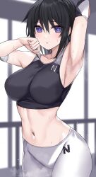 Rule 34 | 1girl, armpits, arms up, bare shoulders, black hair, black sports bra, blush, breasts, cleavage, collarbone, commentary request, cowboy shot, dolphin wave, elbow sleeve, hair between eyes, highres, large breasts, looking at viewer, midriff, navel, nirowata, pants, parted lips, purple eyes, short hair, sidelocks, solo, sports bra, standing, steaming body, suminoe shion, sweat, white pants, yoga pants