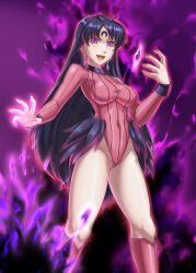 Rule 34 | 1girl, bishoujo senshi sailor moon, black hair, black moon clan, boots, breasts, corruption, covered navel, crescent, crescent facial mark, crystal, dark persona, earrings, facial mark, feather trim, forehead, highleg, highleg leotard, highres, jewelry, leebigtree, leotard, lips, long hair, long sleeves, looking at viewer, medium breasts, mind control, purple eyes, ribbed leotard, solo, swept bangs, thigh boots
