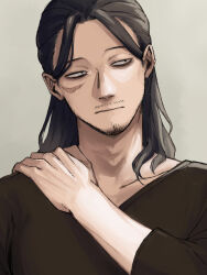 Rule 34 | 1boy, bags under eyes, black eyes, black hair, black shirt, boku no hero academia, collarbone, eraser head (boku no hero academia), facial hair, goatee, grey background, hand on own shoulder, highres, long hair, long sleeves, looking to the side, male focus, mustache, rnuyvm, scar, scar on face, shirt, solo, sparse stubble