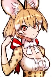 Rule 34 | 1girl, animal ears, bow, bowtie, brown eyes, brown hair, cat ears, cat girl, extra ears, ise (0425), kemono friends, large-spotted genet (kemono friends), long hair, looking at viewer, red ribbon, ribbon, shirt, simple background, skirt, smile, solo, twintails, white bow, white bowtie