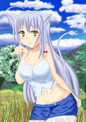 Rule 34 | 1girl, absurdres, animal ears, bare shoulders, blush, bow, braid, breasts, bustier, cat ears, cloud, collarbone, dog days, field, fur trim, highres, large breasts, leonmitchelli galette des rois, long hair, looking at viewer, meadow, shiba.f.b, short shorts, shorts, silver hair, sky, smile, tail, thong, tree, very long hair, yellow eyes