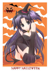 Rule 34 | 00s, 1girl, all fours, barefoot, breasts, cape, clannad, cleavage, elbow gloves, foreshortening, gloves, halloween, happy halloween, hat, ichinose kotomi, large breasts, long hair, ootaka narumi, orange background, pentacle, purple eyes, purple hair, solo, tail, thighhighs, trick or treat, twintails, two side up, witch, witch hat