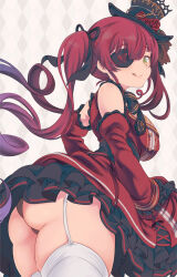 Rule 34 | 1girl, :q, ass, bare shoulders, black panties, blush, breasts, detached sleeves, dress, drill hair, ero lolita, eyepatch, frilled dress, frills, from behind, garter straps, gloves, gothic lolita, hair ribbon, hat, highres, hololive, houshou marine, large breasts, lolita fashion, long hair, looking at viewer, looking back, panties, red eyes, red hair, revision, ribbon, smile, solo, thick thighs, thighhighs, thighs, tongue, tongue out, twin drills, twintails, underwear, vinhnyu, virtual youtuber
