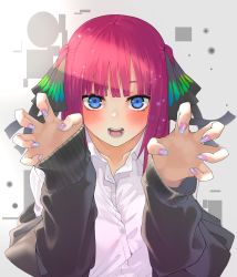 Rule 34 | 1girl, absurdres, black cardigan, black ribbon, black sweater, blue eyes, blunt bangs, blush, butterfly hair ornament, cardigan, collared shirt, commentary request, dress shirt, go-toubun no hanayome, hair ornament, hair ribbon, highres, kesuno, looking at viewer, multicolored nails, nail polish, nakano nino, open cardigan, open clothes, open mouth, outstretched hand, pink hair, ribbon, shirt, short hair, solo, sweater, white shirt