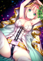 Rule 34 | 10s, 1girl, ahoge, armpits, arms up, bare arms, bare shoulders, belt, blonde hair, breasts, chain, cleavage, cowboy shot, eyebrows, fate/extra, fate/extra ccc, fate (series), flower, gluteal fold, green eyes, leaf, leotard, light particles, lock, looking at viewer, medium breasts, nero claudius (bride) (fate), nero claudius (bride) (third ascension) (fate), nero claudius (fate), nero claudius (fate) (all), padlock, parted lips, solo, spread legs, strapless, strapless leotard, thighhighs, triangle, veil, white thighhighs, yan (nicknikg), zipper