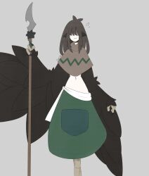 Rule 34 | 1girl, absurdres, animal ears, artist name, bird ears, bird legs, black hair, black wings, claws, commentary, english commentary, feathers, gimli34, green skirt, grey background, hair over eyes, harpy, highres, holding, holding polearm, holding weapon, long hair, midriff, monster girl, navel, original, pocket, polearm, simple background, skirt, solo, spear, talons, wavy mouth, weapon, winged arms, wings