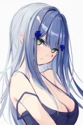 Rule 34 | 1girl, absurdres, blue camisole, breasts, camisole, cleavage, diieru, eyes visible through hair, frown, girls&#039; frontline, green eyes, grey hair, hair ornament, highres, hk416 (girls&#039; frontline), long hair, simple background, solo, teardrop facial mark, teardrop tattoo, upper body, x hair ornament