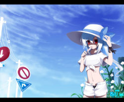 Rule 34 | 1girl, aqua hair, auer, bili girl 33, bilibili, building, casual, day, eating, flower, food, front-tie top, hat, hat ribbon, letterboxed, long hair, midriff, navel, no symbol, open fly, personification, pole, popsicle, power lines, red eyes, ribbon, road sign, shirt, side ponytail, sign, sky, solo, straw hat, sun hat, tied shirt, unzipped, watermark, wire