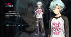 Rule 34 | 1boy, 5pb., aqua hair, chain, character name, character profile, cuffs, denim, disorder 6, handcuffs, jeans, joe (disorder 6), male focus, nagahama megumi, official art, pants, purple eyes, raglan sleeves, shoes, sneakers, solo, torn clothes, torn jeans