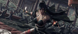 Rule 34 | 1girl, 6+others, absurdres, bandaged arm, bandages, bikini, bikini top only, black eyes, black hair, dutch angle, earrings, facing viewer, fighting, fighting stance, fingerless gloves, gloves, guweiz, highres, holding, holding sword, holding weapon, indoors, jewelry, lips, long hair, multiple others, open door, original, ponytail, scabbard, sheath, single fingerless glove, solo focus, swimsuit, sword, weapon