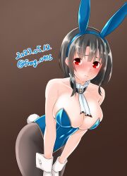 Rule 34 | 1girl, adapted costume, alternate costume, animal ears, bare shoulders, black hair, black leotard, blue leotard, blush, breasts, brown background, brown pantyhose, cleavage, covered navel, cowboy shot, dated, detached collar, fake animal ears, furaggu (frag 0416), highleg, highleg leotard, highres, kantai collection, large breasts, leotard, looking at viewer, pantyhose, playboy bunny, rabbit ears, rabbit tail, red eyes, short hair, solo, strapless, strapless leotard, tail, takao (kancolle), twitter username, wrist cuffs