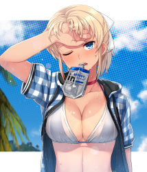 Rule 34 | 1girl, arm at side, arm up, bikini, bikini under clothes, blonde hair, blue eyes, blue jacket, blue sky, breasts, checkered clothes, checkered jacket, choker, cleavage, cloud, collarbone, day, drawstring, halftone, hand on forehead, head tilt, highres, itou (onsoku tassha), jacket, large breasts, looking at viewer, mouth hold, one-piece tan, open clothes, open jacket, open mouth, original, outdoors, outside border, pink choker, short hair, short ponytail, short sleeves, sky, solo, sparkle, sweat, swimsuit, tan, tanline, teeth, unzipped, upper body, very sweaty, wet, white bikini