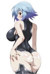 Rule 34 | 1girl, :p, ass, ass grab, backboob, black leotard, blue hair, breasts, cum, cum on ass, deep skin, from behind, grabbing own ass, hand on own ass, hands on ass, highres, infinite stratos, large breasts, leotard, looking at viewer, looking back, red eyes, sarashiki tatenashi, shiny clothes, shiny skin, short hair, simple background, skin tight, solo, space gorilla, standing, sweat, tongue, tongue out, white background