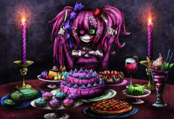 Rule 34 | 1girl, cake, eyeball, food, fork, fruit, gelatin, green eyes, hair ornament, heterochromia, highres, knife, original, pastry, purple eyes, purple hair, ray-k, ribbon, solo, stitches, strawberry, tongue, twintails, zombie