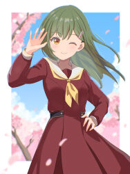 Rule 34 | 1girl, ;), blue sky, blurry, blurry foreground, border, brown dress, brown eyes, cherry blossoms, chromatic aberration, closed mouth, commentary, cowboy shot, double-parted bangs, dress, falling petals, floating hair, green hair, hair ornament, hairclip, hand on own hip, hand up, hasu no sora school uniform, link! like! love live!, long hair, long sleeves, looking at viewer, love live!, masaki (masakinariya), neckerchief, one eye closed, oogami sachi, outside border, petals, pink petals, sailor collar, sailor dress, school uniform, sky, smile, solo, straight hair, waving, white border, white sailor collar, winter uniform, yellow neckerchief