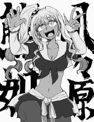 Rule 34 | 1girl, artist request, bleach, breasts, earrings, fingernails, highres, jewelry, large breasts, long hair, looking at viewer, monochrome, open mouth, sharp teeth, shiny skin, side ponytail, smile, solo, teeth, yayahara yuyu