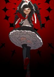 Rule 34 | 1girl, :d, arms up, black background, black jacket, black skirt, black thighhighs, celestia ludenberg, center frills, danganronpa: trigger happy havoc, danganronpa (series), drill hair, female focus, frilled shirt, frilled skirt, frilled thighhighs, frills, from below, highres, jacket, layered skirt, long hair, long sleeves, necktie, open clothes, open jacket, open mouth, red background, red eyes, red footwear, red necktie, shindyushiyou, shirt, skirt, smile, solo, teeth, thighhighs, twin drills, twintails, upper teeth only, white shirt