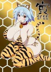 Rule 34 | 1girl, 2022, absurdres, animal ears, animal print, bell, bikini, blue hair, breasts, cleavage, fake animal ears, fake tail, highres, huge breasts, infinite stratos, looking at viewer, neck bell, red eyes, sarashiki tatenashi, shiny skin, short hair, solo, space gorilla, swimsuit, tail, thighhighs, tiger ears, tiger print, tiger tail