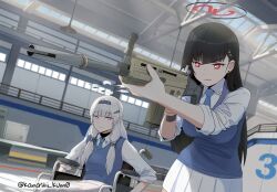 Rule 34 | 2girls, 3d background, absurdres, aged down, aiming, alternate costume, assault rifle, black hair, blue archive, blue necktie, blue vest, blunt bangs, blurry, collared shirt, commentary, depth of field, english commentary, gun, hair between eyes, hair ornament, hairband, hairclip, halo, highres, himari (blue archive), holding, holding gun, holding weapon, indoors, kanashi kum0, long hair, long sleeves, looking at another, multiple girls, necktie, numbered, pleated skirt, pointy ears, purple eyes, red eyes, rifle, rio (blue archive), school uniform, shirt, sidelocks, skirt, sleeves rolled up, twitter username, vest, weapon, wheelchair, white hair, white shirt, white skirt