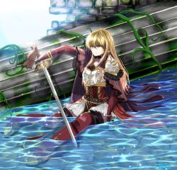 Rule 34 | 1girl, armor, bad id, bad pixiv id, blonde hair, breastplate, fingerless gloves, fire emblem, fire emblem: genealogy of the holy war, gloves, highres, holding, holding sword, holding weapon, lachesis (fire emblem), long hair, nintendo, pauldrons, rapier, shoulder armor, skirt, solo, sword, tempenite, weapon