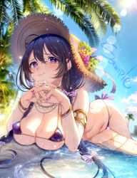 Rule 34 | 1girl, :3, ahoge, armlet, backlighting, bangle, beige headwear, bikini, blue sky, blush, body chain, bracelet, breasts, chain, chain necklace, closed mouth, comiket 96, commentary request, covered erect nipples, day, ear piercing, gold trim, hat, heart, heart-shaped pupils, ikezaki misa, jewelry, large breasts, lens flare, lips, long hair, looking at viewer, micro bikini, multicolored nails, multiple necklaces, multiple piercings, nail polish, necklace, on ground, original, outdoors, palm tree, piercing, purple bikini, purple nails, sample watermark, shore, sky, solo, straw hat, swimsuit, symbol-shaped pupils, thigh gap, toranoana, tree, tropical, twisted torso, watermark, yellow hat, yellow nails