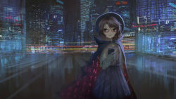 Rule 34 | 1girl, bad id, bad pixiv id, brown eyes, brown hair, building, cape, cellphone, city, glasses, gloves, hat, highres, lanreta, night, phone, pleated skirt, red-framed eyewear, reflection, road, school uniform, skirt, skyscraper, smartphone, smile, solo, street, touhou, twintails, usami sumireko, white gloves
