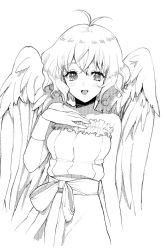 Rule 34 | 1girl, ahoge, antenna hair, blush, breasts, character request, dress, greyscale, looking at viewer, monochrome, murata tefu, open mouth, puyopuyo, short hair, simple background, smile, solo, white background, wings, wristband