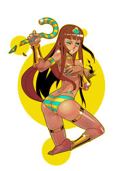 Rule 34 | 1girl, absurdres, aqua eyes, aqua nails, armband, ass, back, barefoot, blue eyes, bodypaint, breasts, brown hair, covering privates, dark-skinned female, dark skin, egyptian, eyeshadow, feet, fengmo, highres, jewelry, leg lift, long hair, looking back, makeup, medium breasts, nail polish, original, panties, ring, solo, striped clothes, striped panties, tears, thigh strap, torn clothes, underwear, wardrobe malfunction, wince