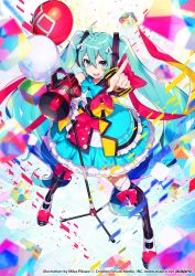 Rule 34 | 1girl, 39, aqua eyes, aqua hair, black legwear, bow, commentary request, dress, hair between eyes, hair bow, hatsune miku, headphones, long hair, looking at viewer, magical mirai (vocaloid), magical mirai miku, magical mirai miku (2018), megaphone, mika pikazo, official art, open mouth, pointing, pointing at viewer, ribbon, shoes, smile, solo, standing, teeth, twintails, upper teeth only, very long hair, vocaloid