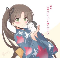 Rule 34 | 1girl, ayanami (kancolle), blue kimono, brown hair, cat, commentary request, green eyes, highres, japanese clothes, kantai collection, kimono, leaf print, long hair, looking at viewer, official alternate costume, one-hour drawing challenge, shizuna kaede, side ponytail, smile, solo, translation request, two-tone background, yukata