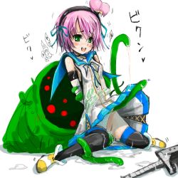 Rule 34 | 1girl, blush, breasts, cum, dress, elbow gloves, gloves, green eyes, hairband, kanonno earhart, monster, open mouth, panties, pink hair, restrained, shoes, short hair, sword, tales of (series), tales of the world radiant mythology 2, tears, tentacles, thighhighs, translation request, underwear, weapon, wet, wet clothes