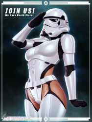 Rule 34 | 1girl, arm at side, arm up, black leotard, cowboy shot, english text, groin, helmet, highres, leotard, salute, solo, star (symbol), star wars, starry background, stormtrooper, themaestronoob, thighhighs, watermark, web address, white leotard, white thighhighs