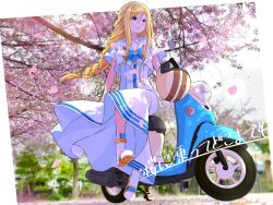 Rule 34 | 1girl, alicia florence, andanden, aria (manga), aria company uniform, blonde hair, blue bow, blue bowtie, blurry, blurry background, border, bow, bowtie, braid, braided ponytail, cherry blossoms, closed mouth, day, dress, full body, gold trim, hair between eyes, helmet, highres, long hair, looking to the side, motor vehicle, motorcycle helmet, on vehicle, outdoors, photo background, purple eyes, sailor collar, scooter, short sleeves, sidelocks, sitting, smile, solo, white border, white dress, white footwear, yamaha, yamaha vino