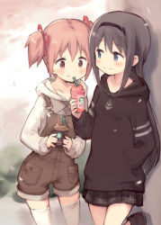 Rule 34 | 10s, 2girls, adapted costume, akemi homura, bad anatomy, black hair, black hairband, blush, casual, cherry blossoms, coffee cup, cup, disposable cup, drink, drinking, female focus, hair ribbon, hairband, hand in pocket, highres, hood, hoodie, kaname madoka, kyuri, long hair, mahou shoujo madoka magica, mahou shoujo madoka magica (anime), mahou shoujo madoka magica movie 1 &amp; 2, multiple girls, overalls, petals, pink eyes, pink hair, purple eyes, ribbon, shared drink, skirt, smile, thighhighs, twintails, white legwear, yuri
