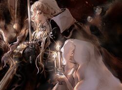 1boy 1girl absurdres alucard_(castlevania) ascot black_coat black_gloves blonde_hair candle candlelight candlestand castlevania_(series) closed_mouth coat curtained_hair du533532 from_side gloves hair_over_shoulder high_collar highres holding holding_candle_stand holding_sword holding_weapon indoors long_hair looking_down parted_bangs shirt sidelocks sleeve_cuffs sleeveless sleeveless_shirt sword upper_body veil weapon white_ascot white_shirt white_veil yellow_eyes