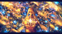 Rule 34 | 1girl, abstract, branch, capelet, closed mouth, commentary request, cross-laced clothes, highres, leaf, letterboxed, light particles, light rays, long hair, looking at viewer, magic, original, robe, sakimori (hououbds), smile, solo, wide sleeves, yellow theme