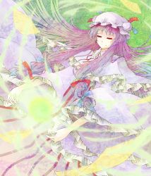 Rule 34 | 1girl, bow, closed eyes, female focus, hair bow, hat, highres, long hair, magic, multiple hair bows, paper, patchouli knowledge, purple eyes, purple hair, ribbon, robe, smile, solo, striped, touhou, very long hair, vetina