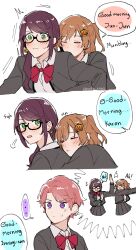 Rule 34 | !, ..., 3girls, aijou karen, bell, black-framed eyewear, blazer, blush, bow, bowtie, brown hair, character name, closed eyes, closed mouth, collared shirt, comic, commentary, cropped legs, crown hair ornament, dot nose, english commentary, english text, facing viewer, frown, glasses, green eyes, grey jacket, grey skirt, hand up, haruka 3442, highres, hoshimi junna, hug, hug from behind, isurugi futaba, jacket, jingle bell, leaning on person, long sleeves, looking ahead, looking back, motion lines, multiple girls, opaque glasses, open clothes, open jacket, open mouth, outstretched arms, parted lips, pleated skirt, pose request, purple eyes, purple hair, red bow, red bowtie, red hair, school uniform, seishou music academy uniform, semi-rimless eyewear, shirt, short hair, shoujo kageki revue starlight, sigh, simple background, skirt, slapping, spoken ellipsis, sweat, swept bangs, teeth, turning head, under-rim eyewear, uniform, upper body, upper teeth only, very short hair, white background, white shirt